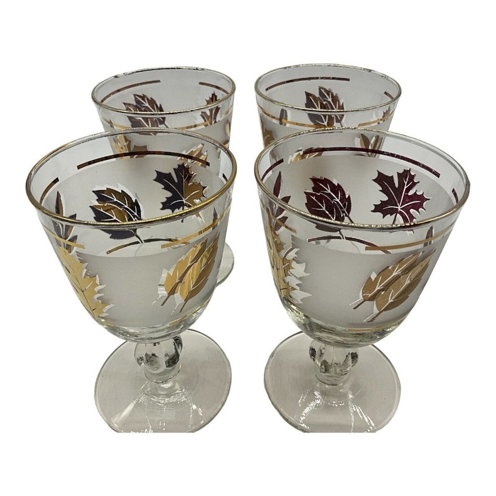 Libbey Vintage Golden Foliage Mid Century Gold Leaf Goblet | Set of 4